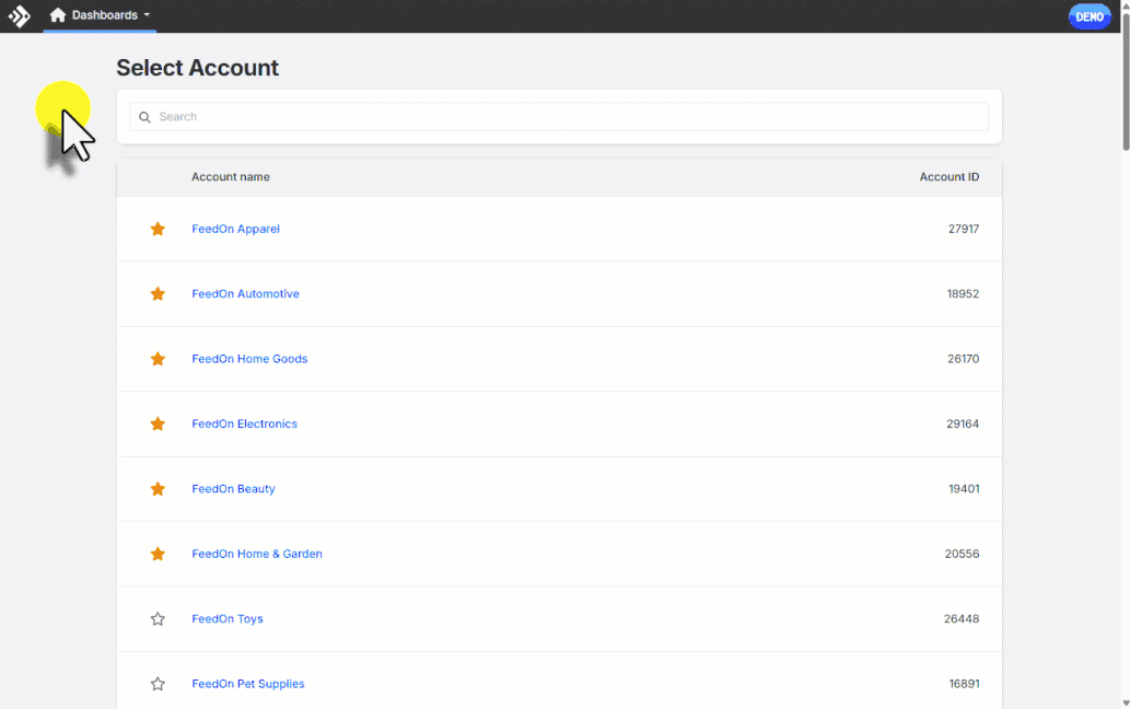 Animated walkthrough: selecting FeedSupport and landing on the portal home screen.