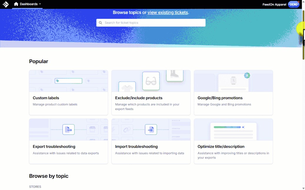 Animated walkthrough: scrolling through the Browse by Topic categories on the FeedSupport home screen.