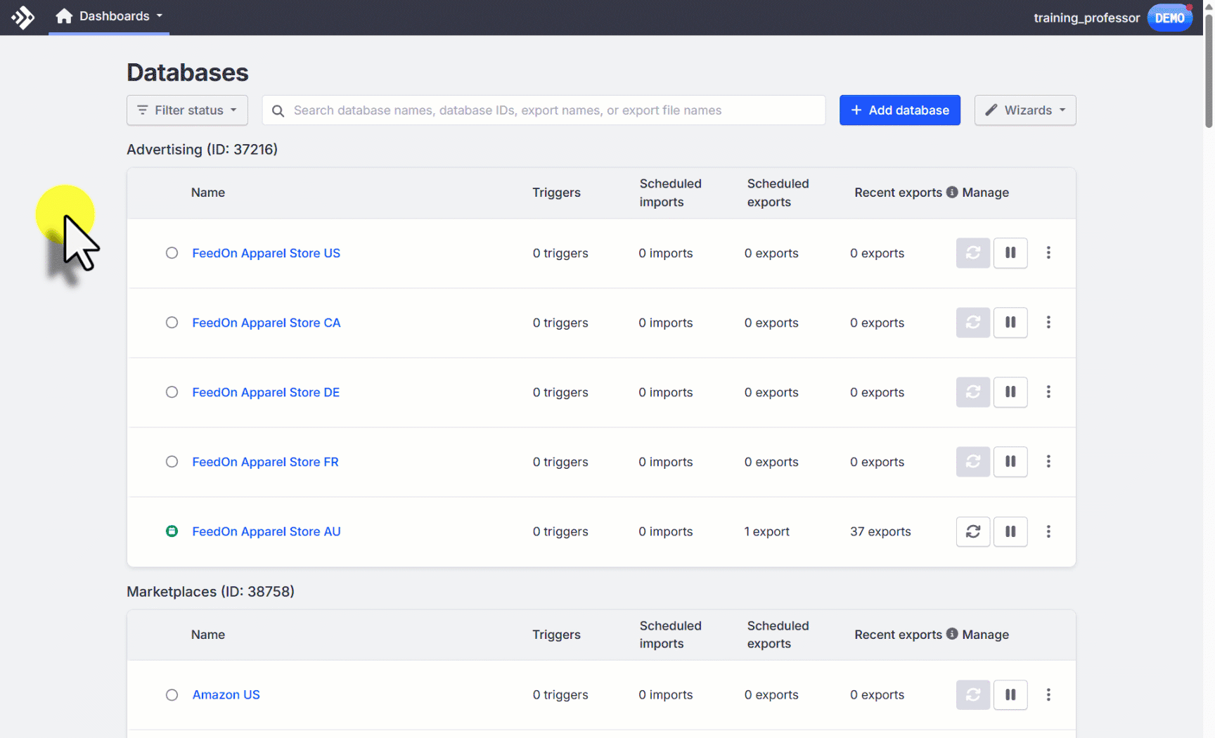 Animated walkthrough: locating the FeedSupport entry in the left-hand navigation menu of the dashboard.