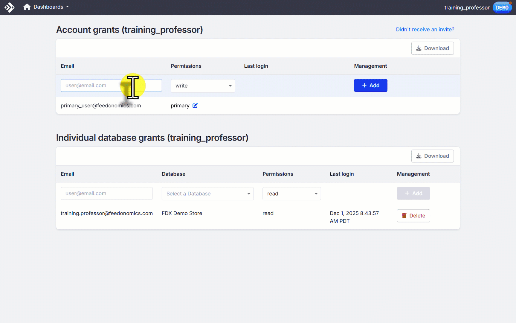 Animated walkthrough: entering a new user email address on the User Access Control page, choosing an access level, and saving.