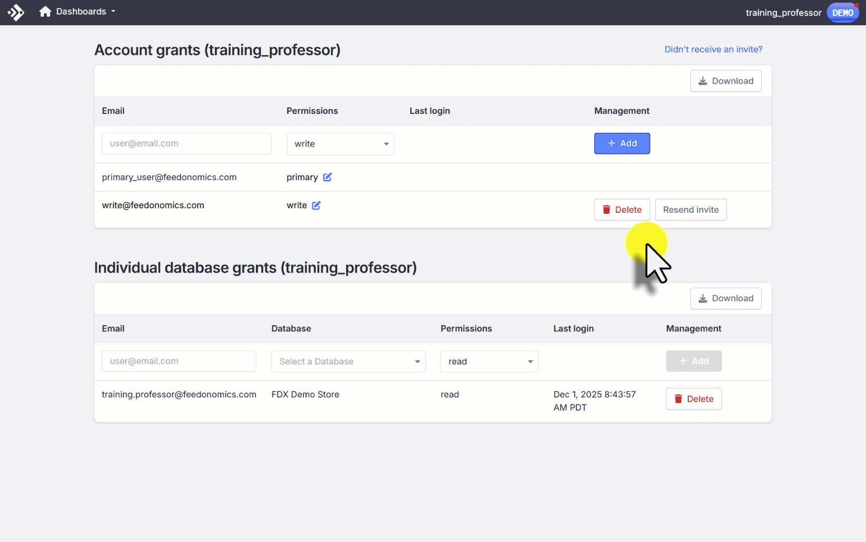 Animated walkthrough: selecting a user on the User Access Control page and removing their access.