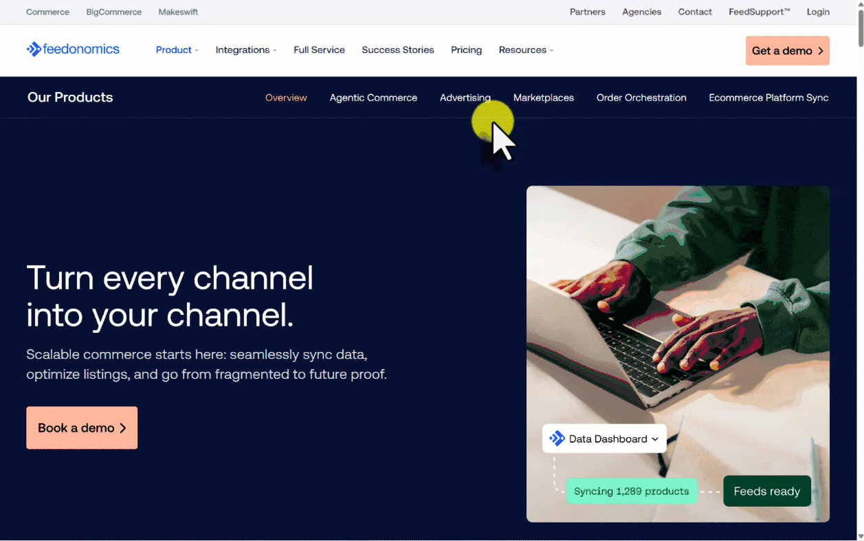 Animated walkthrough of the feedonomics.com top navigation bar, highlighting the FeedSupport link and the Login button.