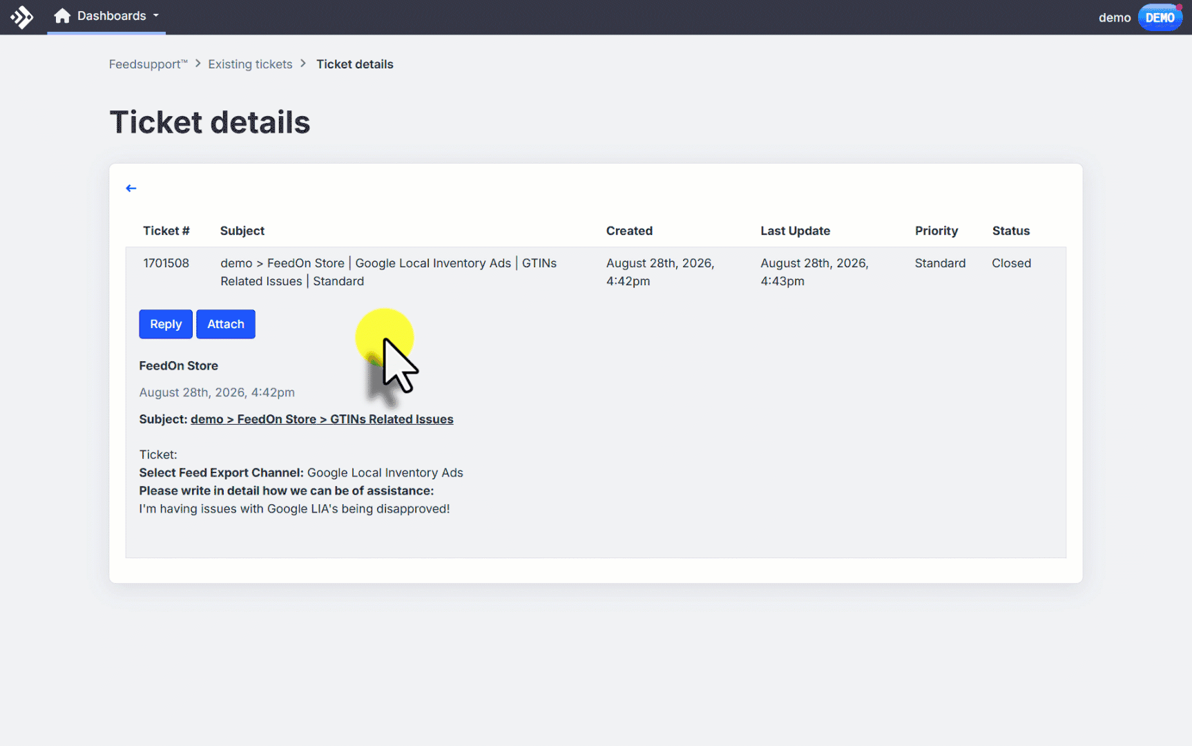 Animated walkthrough: opening a ticket from the list, viewing its header details, and using the Reply and Attach buttons above the message thread.