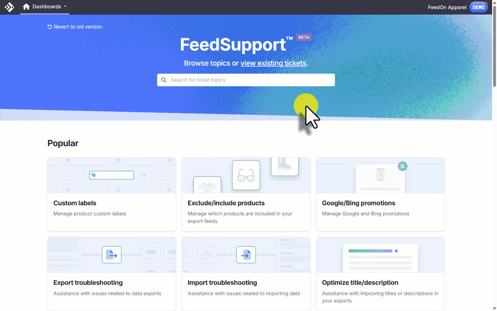 Animated walkthrough: typing in the FeedSupport search bar and selecting a matching ticket topic from the results.
