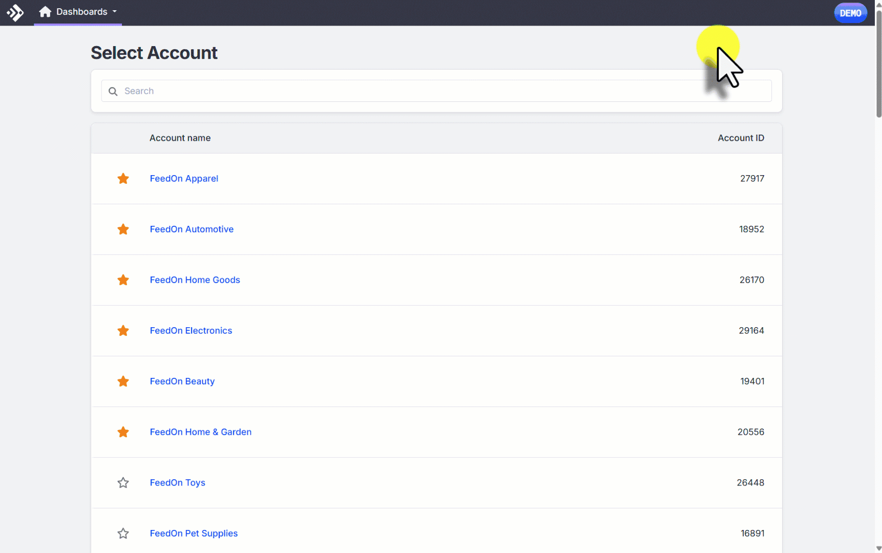 Animated walkthrough: selecting an account from the account list after signing in.