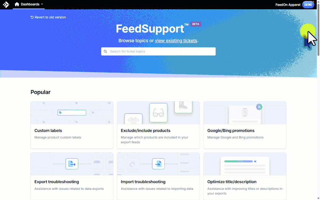Animated walkthrough: scanning the Popular section of the FeedSupport home screen and selecting a topic tile.