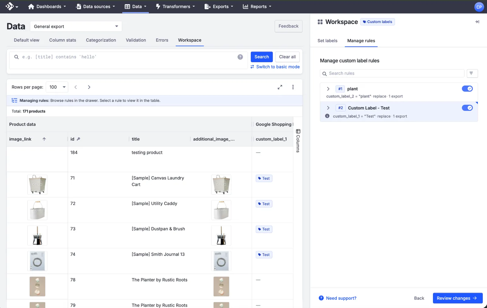 The Manage rules tab listing two custom label rules, plant and Custom Label - Test, each with a toggle, above the data table filtered to the selected rule.