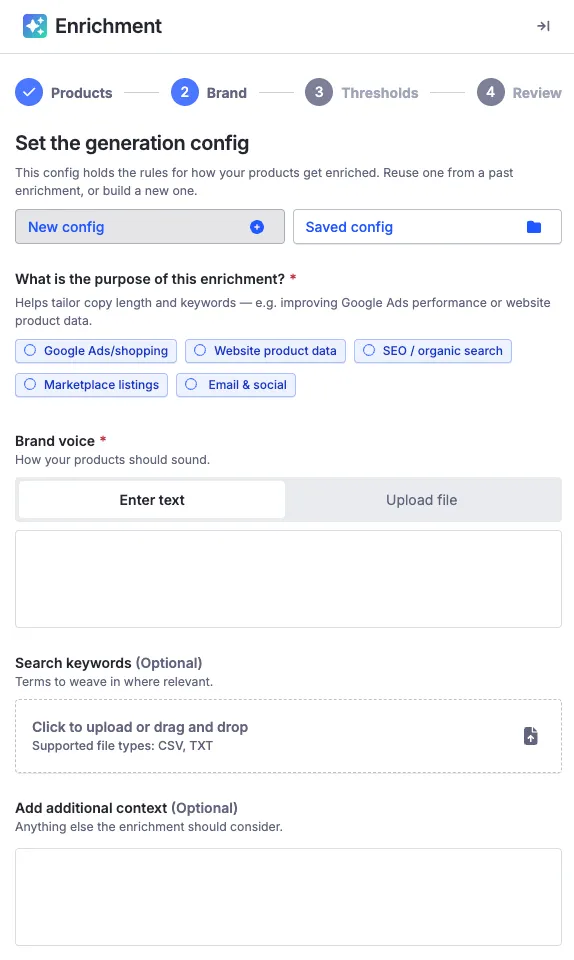 The Set the generation config step, with purpose options — Google Ads/shopping, Website product data, SEO/organic search, Marketplace listings, Email & social — a brand voice text area with an upload tab, a keywords file upload, and an additional context box.