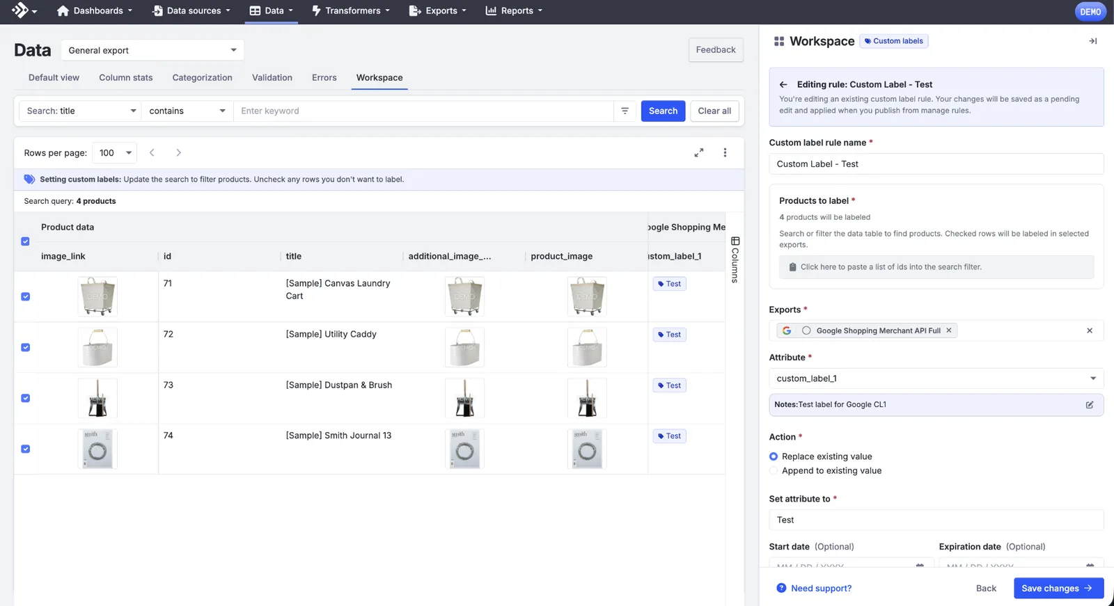 The Editing rule panel for Custom Label - Test, with a note that changes are saved as a pending edit, and the products, export, attribute, action, and value already filled in.