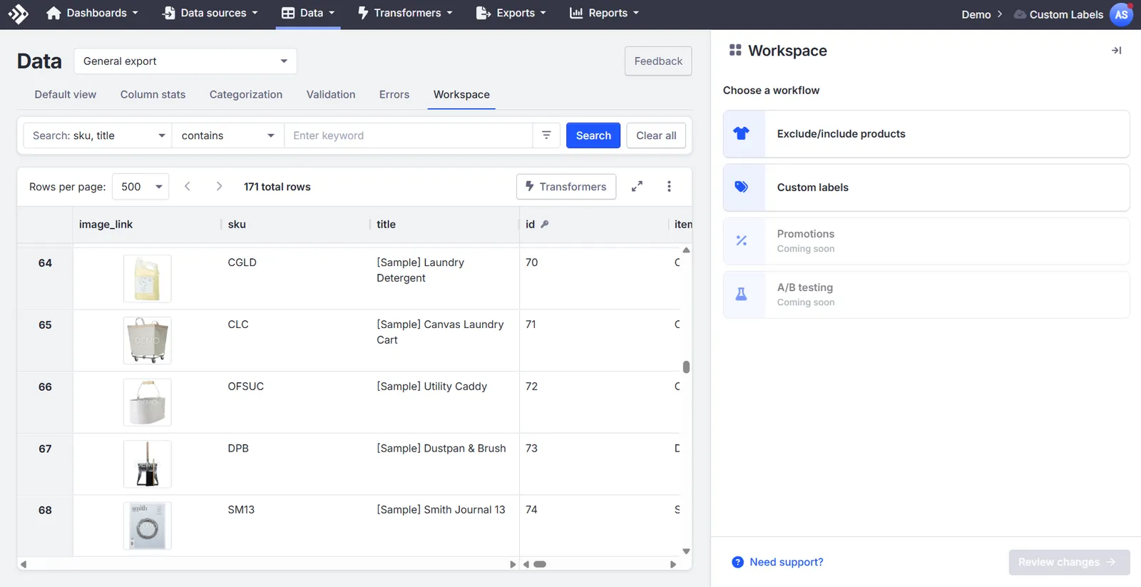 The Data Page with the Workspace tab open and a Choose a workflow panel listing Exclude/include products, Custom labels, Promotions (coming soon), and A/B testing (coming soon).