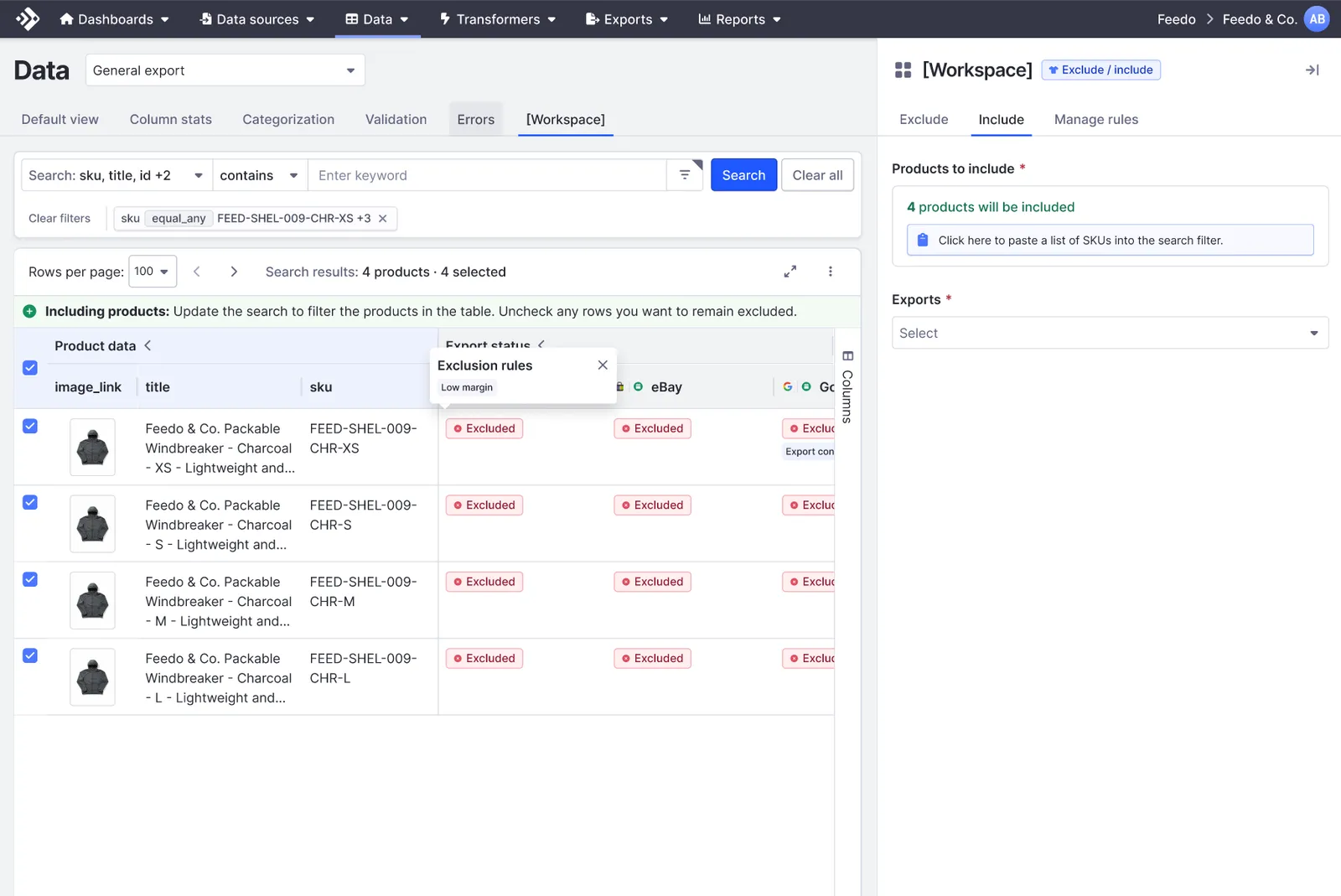 An Exclusion rules tooltip over an Excluded status cell naming the rule responsible, Low margin.
