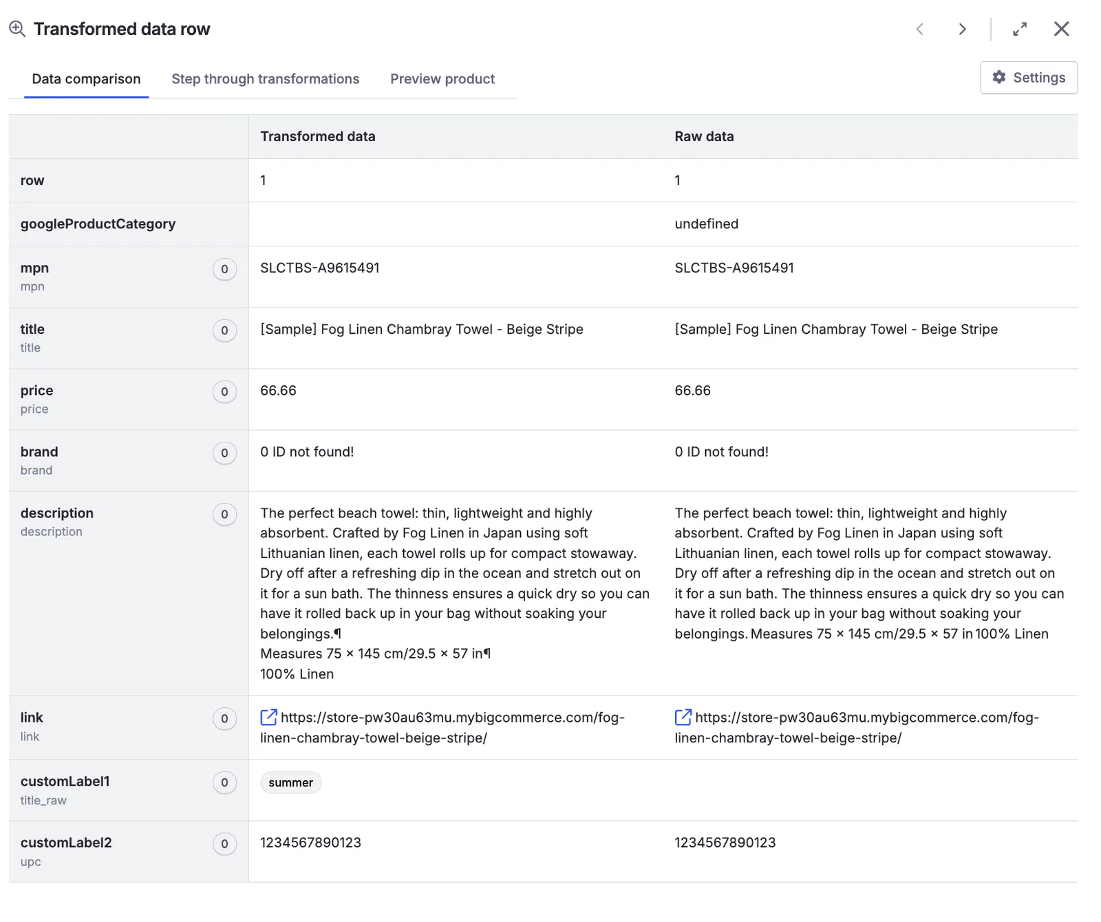 The Transformed data row panel comparing transformed and raw data for a product, with customLabel1 showing the rule-applied value summer.