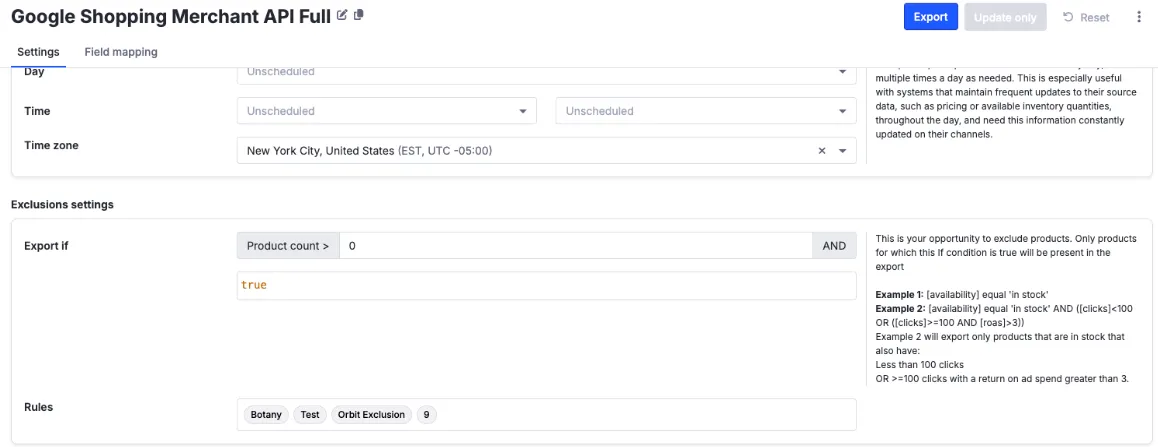 The Settings tab of a Google Shopping export, scrolled to Exclusions settings, showing the Export if condition and a Rules field listing several exclusion rule chips.