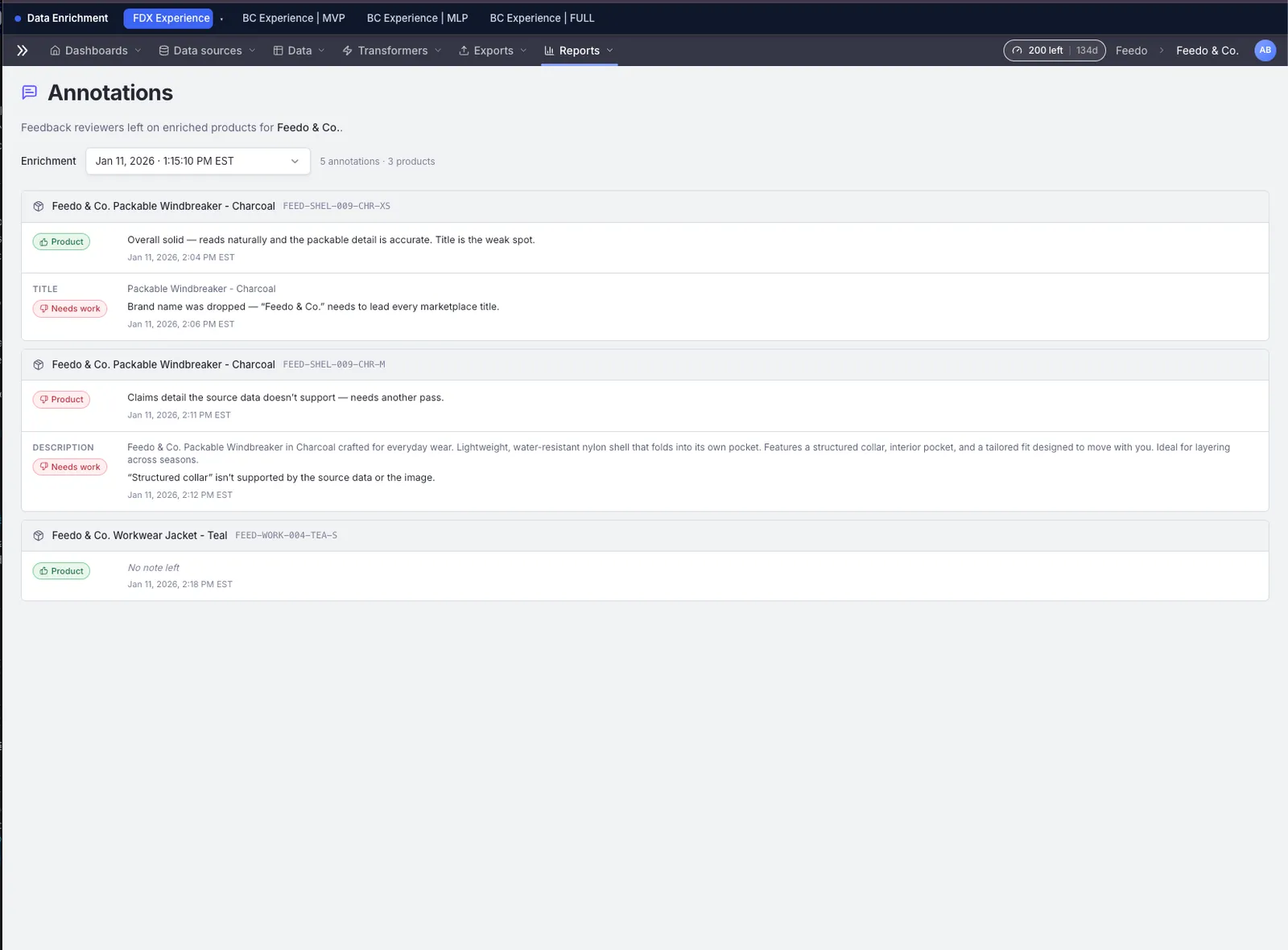 The Annotations report under Reports. Each product in the enrichment run is listed with its product-level feedback and any per-field feedback, each carrying a thumbs up or down and a Needs work badge where applicable.