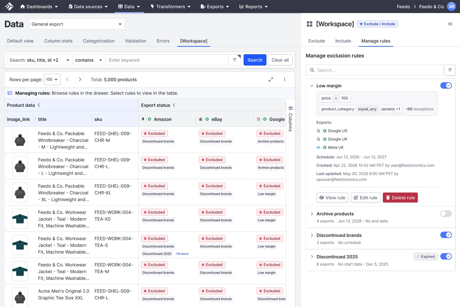 The Low margin rule expanded in Manage rules, showing its price and category criteria, the three exports it applies to, its schedule and history, and View rule, Edit rule, and Delete rule buttons.