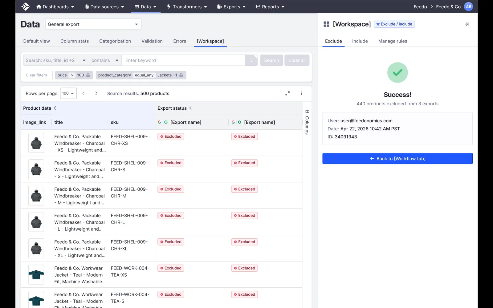 A Success panel reading 440 products excluded from 3 exports, listing the user, date, and change ID, with a Back to Workflow tab button.