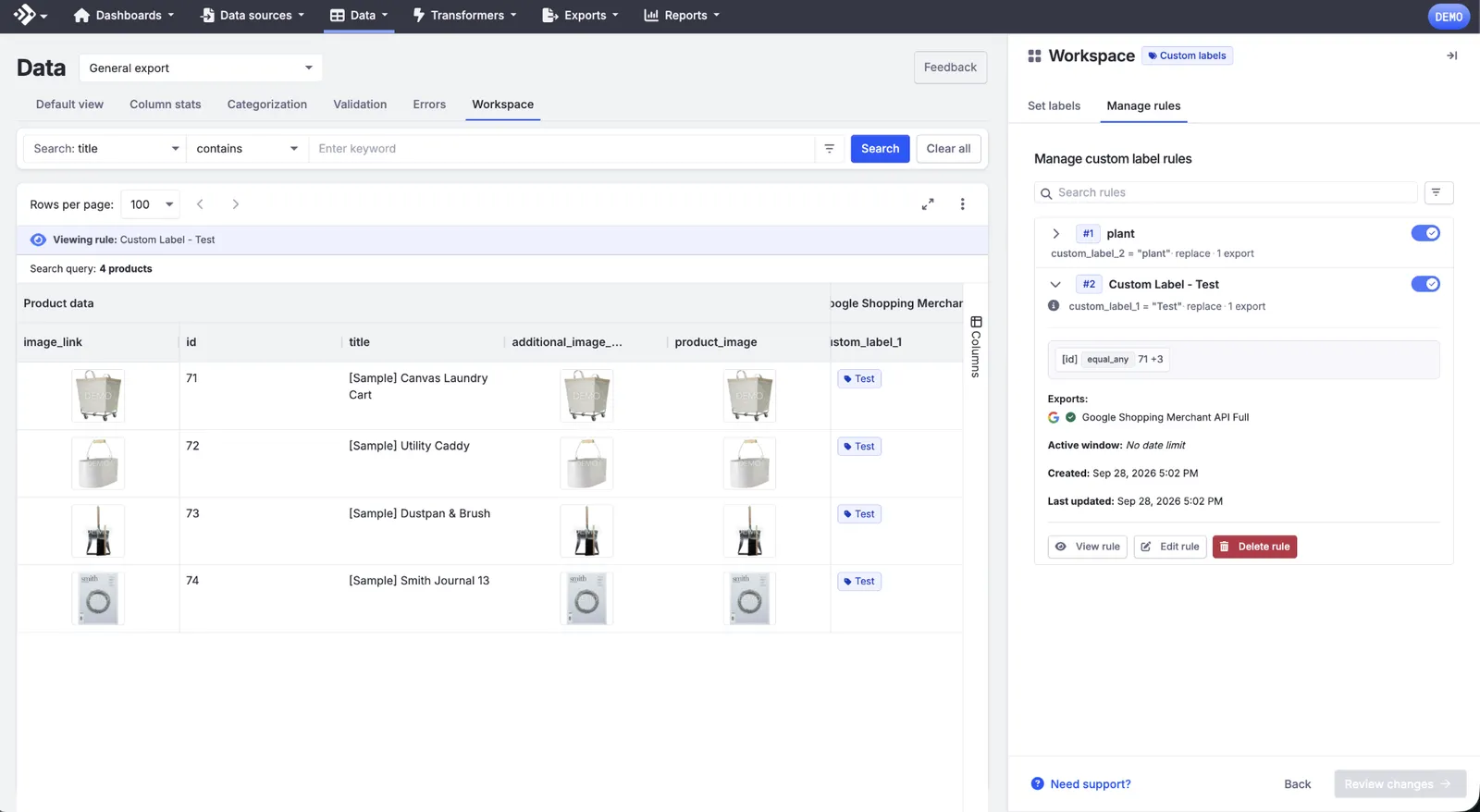 The Custom Label - Test rule expanded in Manage rules, showing its match condition, Google Shopping Merchant API Full as the export, active window, created and last-updated timestamps, and View rule, Edit rule, and Delete rule buttons.