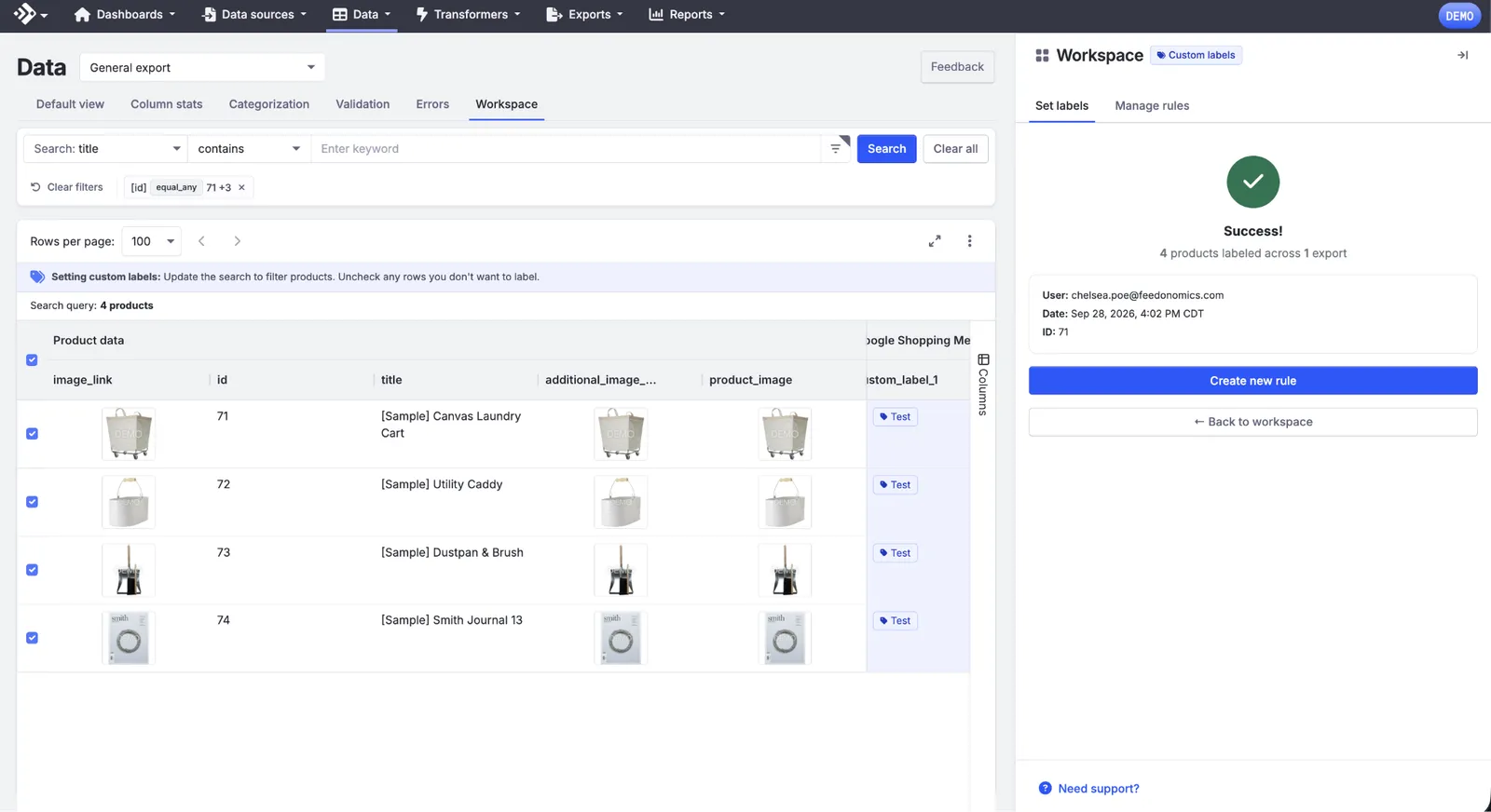 A Success panel reading 4 products labeled across 1 export, listing the user, date, and ID, with Create new rule and Back to workspace options.