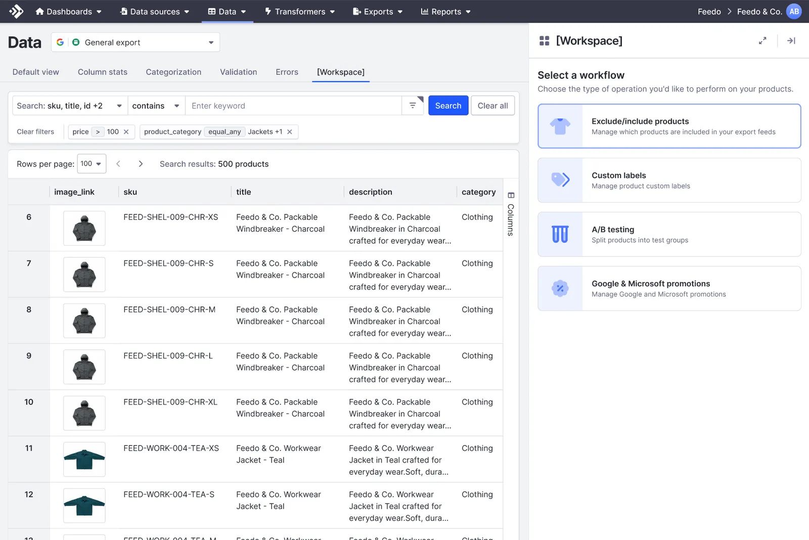 The Data Page with the Workspace tab open and a Select a workflow panel listing Exclude/include products, Custom labels, A/B testing, and Google & Microsoft promotions.