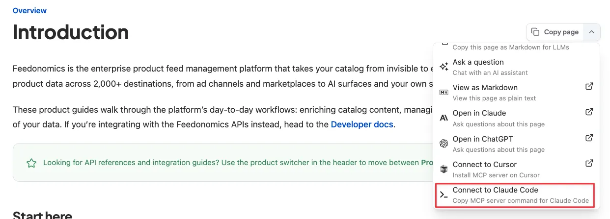 Copy page dropdown with the Connect to Claude Code option highlighted