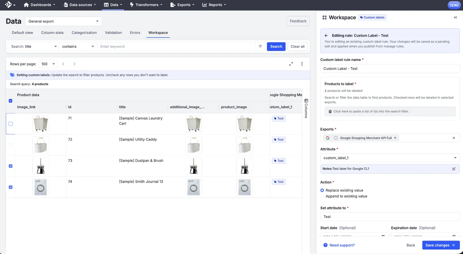 The Editing rule panel with two of four product rows unchecked in the data table, and Products to label updated to 2 products will be labeled.
