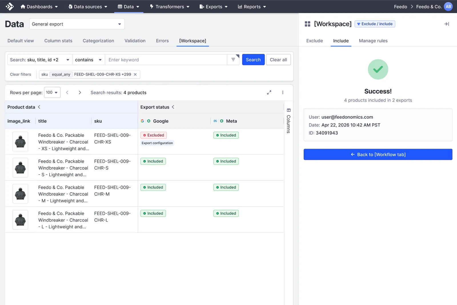 A Success panel reading 4 products included in 2 exports, listing the user, date, and change ID, with a Back to Workflow tab button.