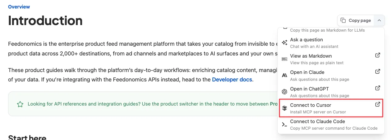Copy page dropdown with the Connect to Cursor option highlighted