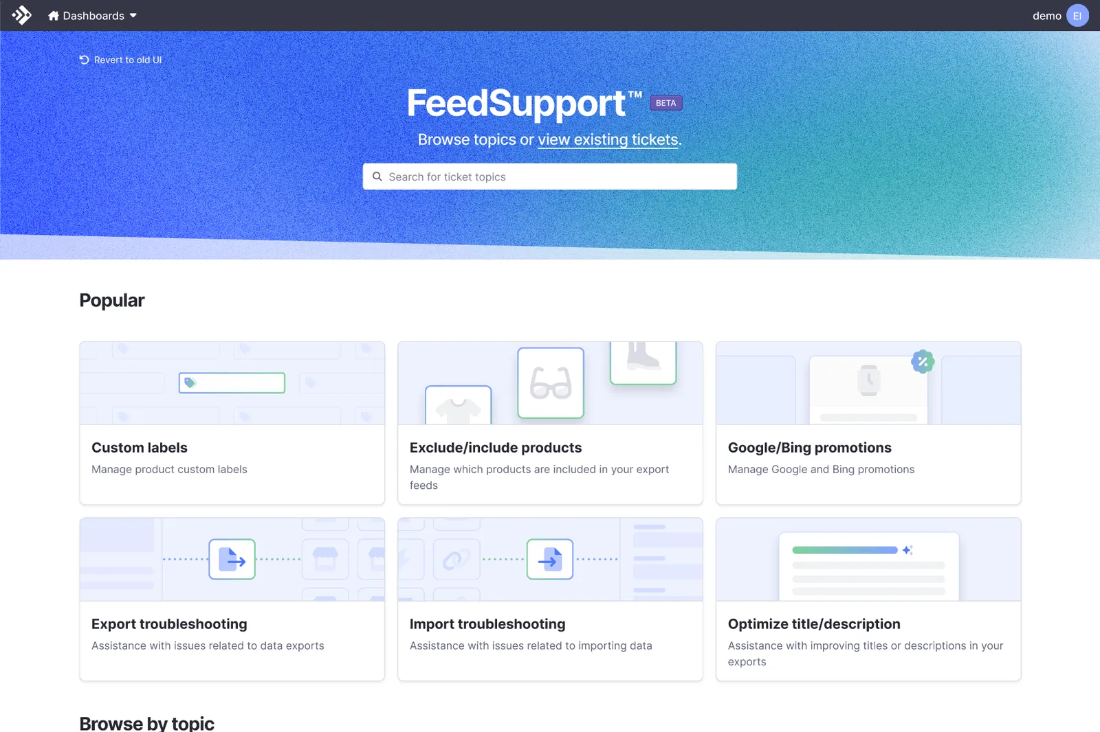 The FeedSupport ticket topics page with the Exclude/Include Products tile highlighted in the Popular section.