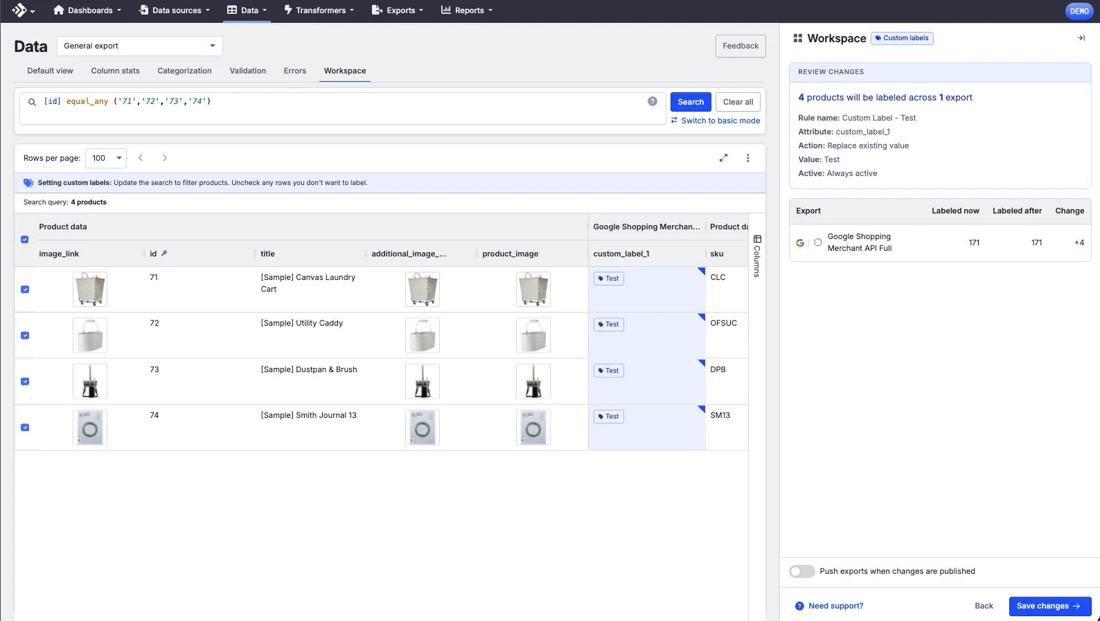 The Review changes panel for the Custom Label - Test rule, showing the attribute, action, and value, and a table listing Google Shopping Merchant API Full with labeled-now and labeled-after counts of 171 and a change of +4.