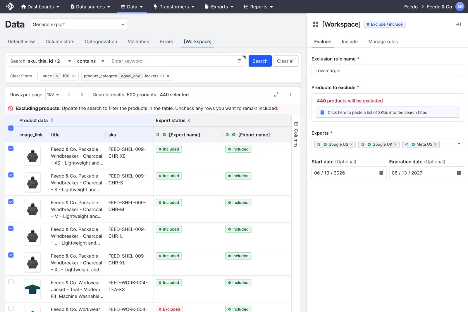 The Exclude panel with the rule name Low margin, 440 products to exclude, Google US, Google UK, and Meta US selected as exports, and start and expiration dates set.