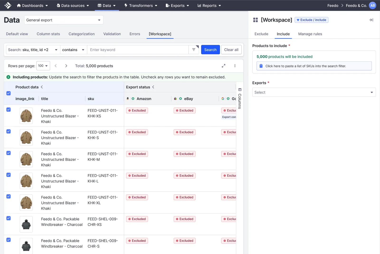 The Include tab with 5,000 products selected and an export status column for Amazon, eBay, and Google, each showing Excluded, alongside the Products to include and Exports fields.