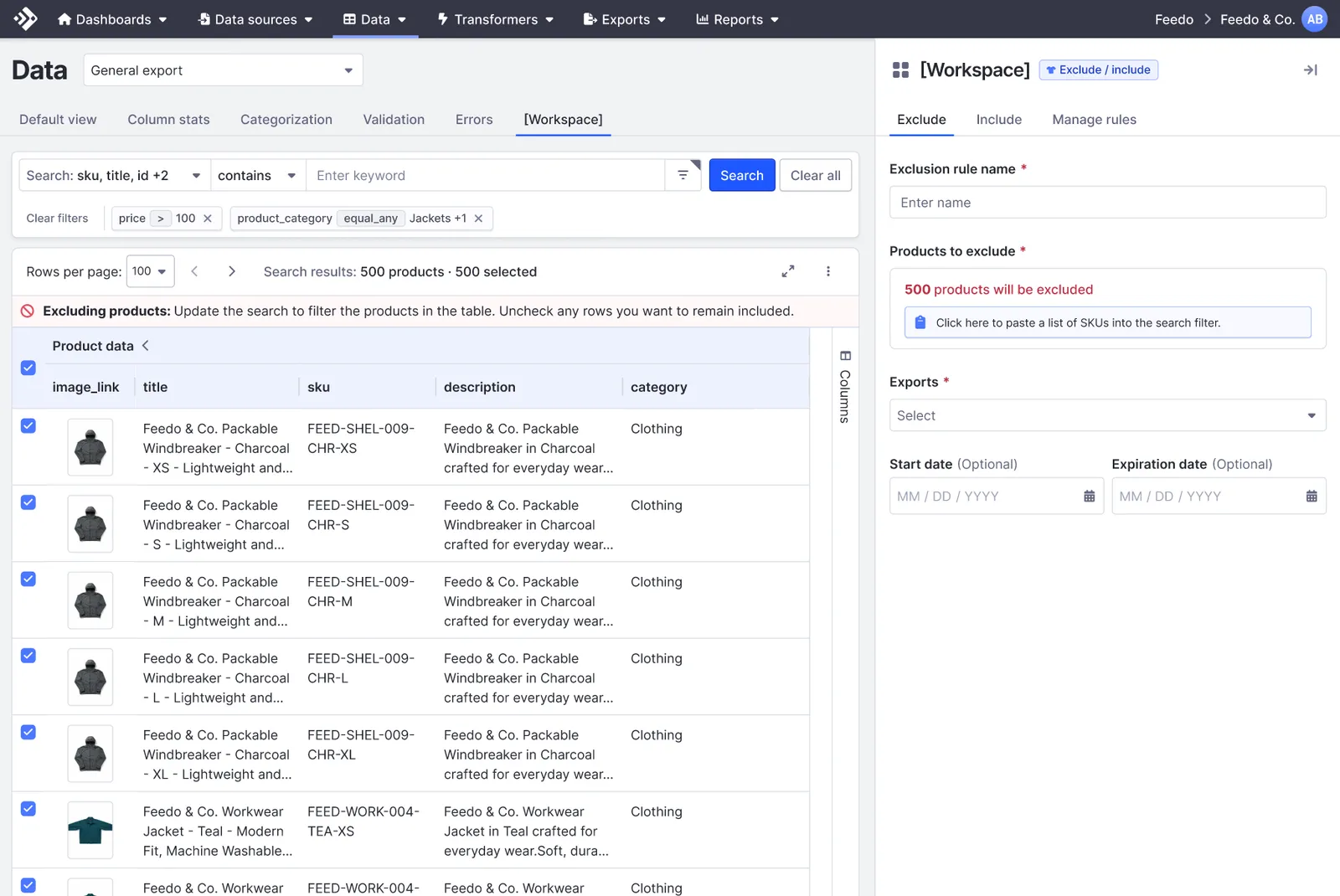 The Exclude tab in the workspace, with filters for price greater than 100 and product_category equal to Jackets, 500 matching products selected in the table, and the Exclusion rule name, Products to exclude, Exports, and optional Start/Expiration date fields open on the right.