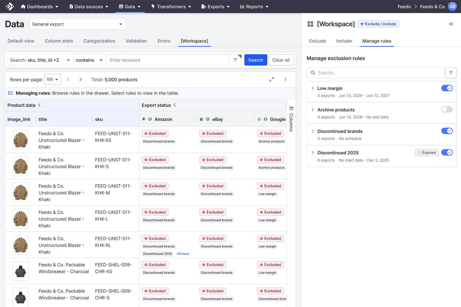The Manage rules tab listing four exclusion rules with their export counts and schedules, each with an on/off toggle, and one marked Expired.