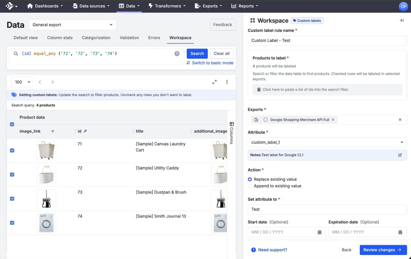 The Set labels panel with the rule name Custom Label - Test, Google Shopping Merchant API Full as the export, attribute custom_label_1, Replace existing value selected, the value Test, and optional Start date and Expiration date fields.