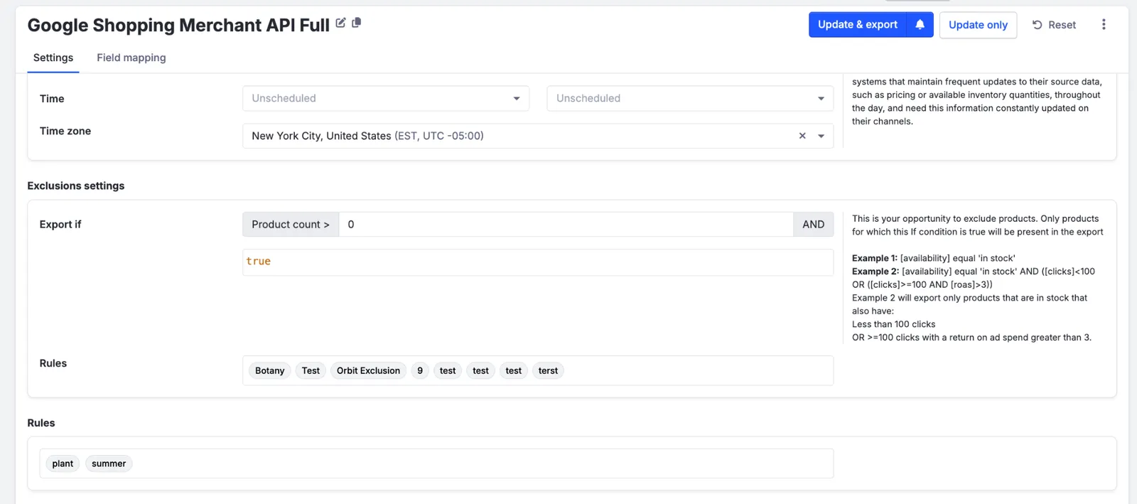 The Settings tab of a Google Shopping export, showing Exclusions settings with its own Export if and Rules fields, and a separate Rules field below listing custom label rule chips including plant and summer.