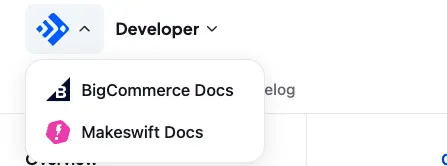 Feedonomics logo opened to reveal a dropdown with links to the BigCommerce and Makeswift docs sites