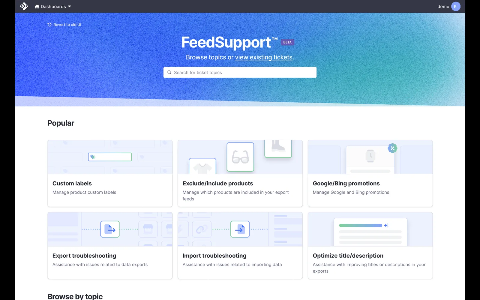 The FeedSupport ticket topics page with the Custom labels tile highlighted in the Popular section, alongside Exclude/include products and Google/Bing promotions.