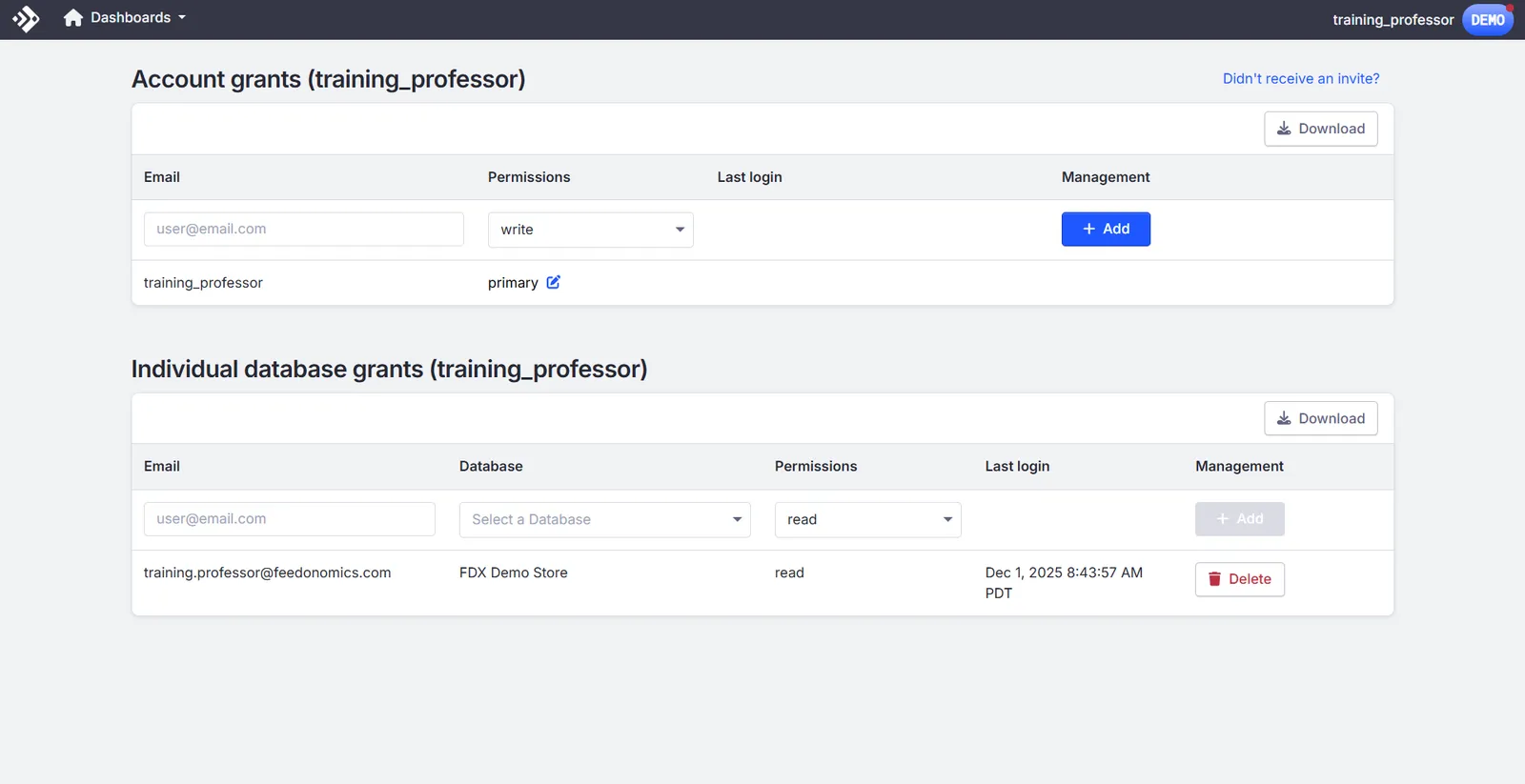 The User Access Control page with two tables: Account grants, listing a user with primary permissions and a form to add an email with a permissions dropdown, and Individual database grants, listing a user with read access to a single database.