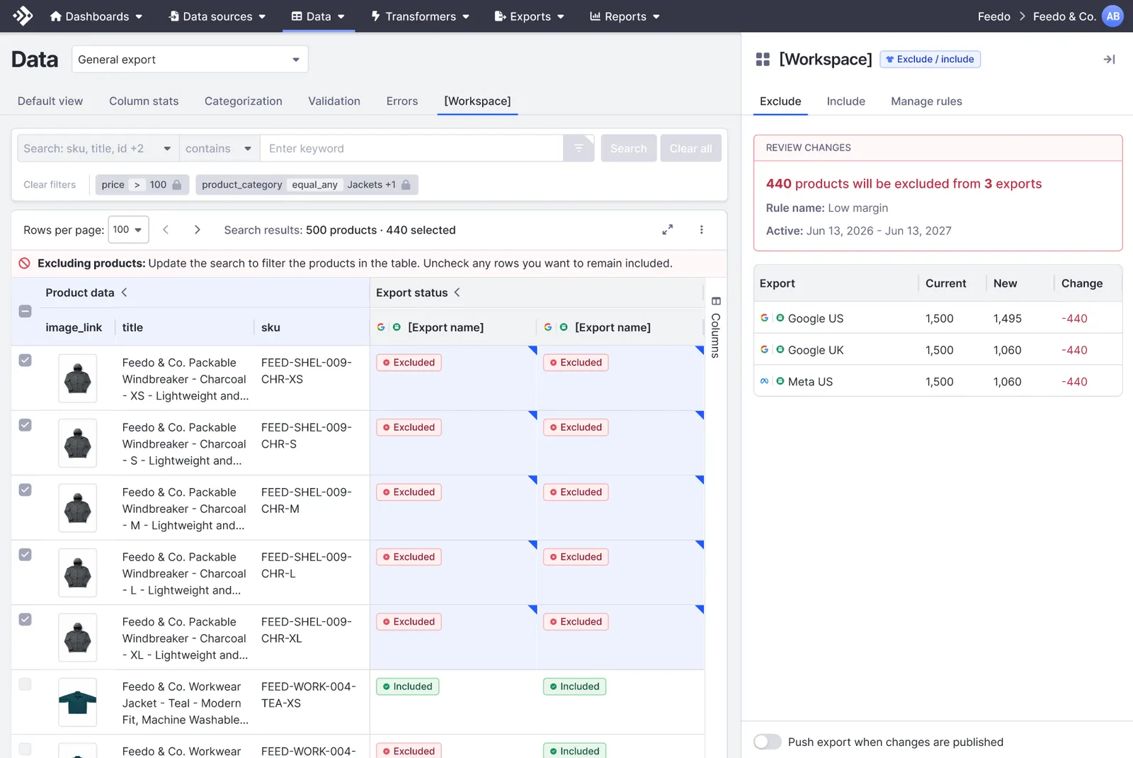 The Review changes panel stating 440 products will be excluded from 3 exports for the Low margin rule, with a table of Google US, Google UK, and Meta US showing current, new, and change counts.