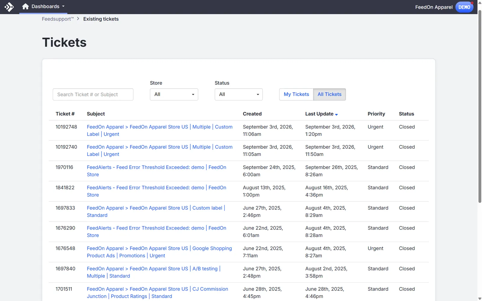 The FeedSupport Tickets page with a search field, Store and Status dropdowns set to All, a My Tickets / All Tickets toggle, and a table of tickets with Ticket #, Subject, Created, Last Update, Priority, and Status columns.