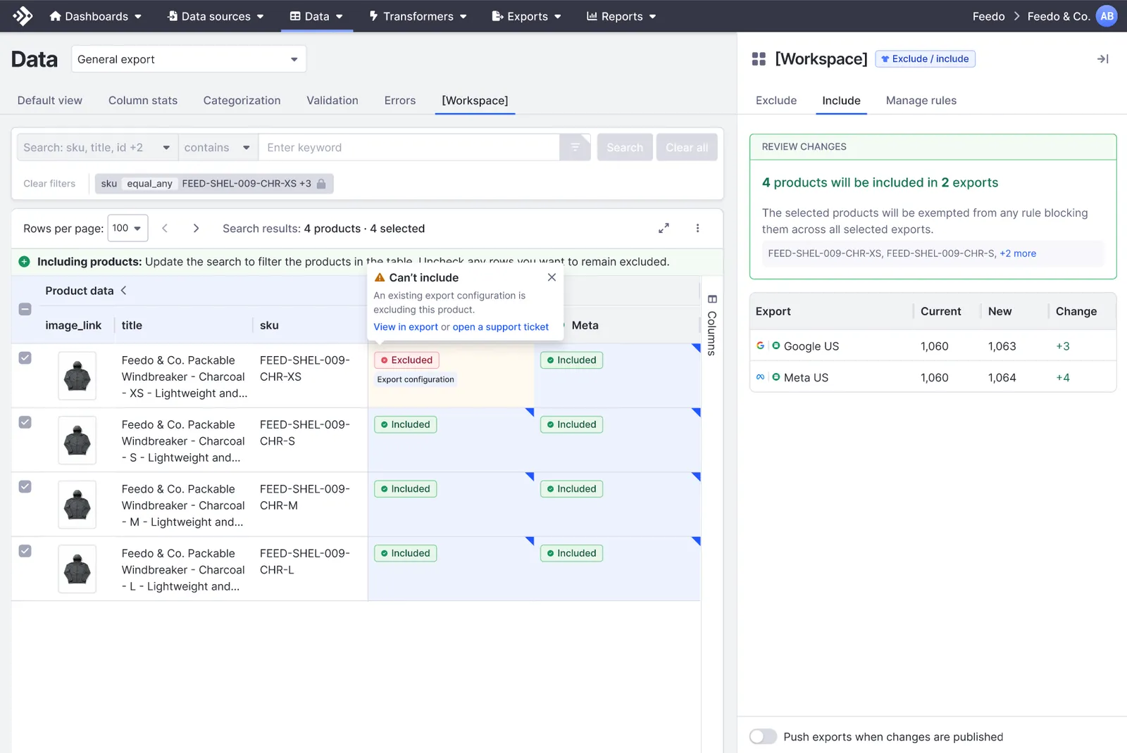 The Include tab with a Cannot include tooltip explaining that an existing export configuration is excluding the product, with View in export and open a support ticket links, and the review panel showing 4 products will be included in 2 exports.